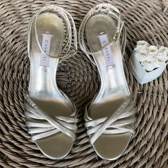 Casadei Gold Leather Strappy Woven Heeled Sandals - Picture 3 of 13